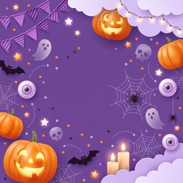 Cute halloween background with jack o lantern pumpkins ghosts bats and spooky decorations on a purple frame