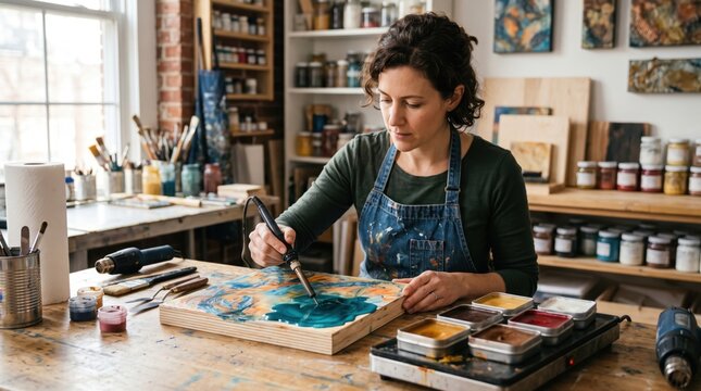 Female artist working with hot encaustic wax painting technique in art studio. Concept of craft, painter, creative process, artwork.