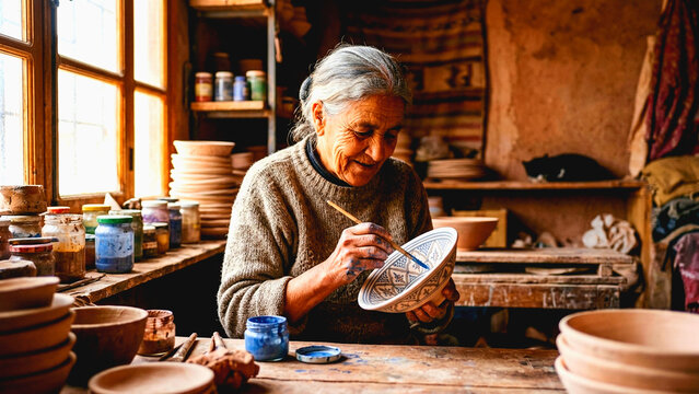 Senior artisan painting a ceramic bowl in a rustic pottery workshop