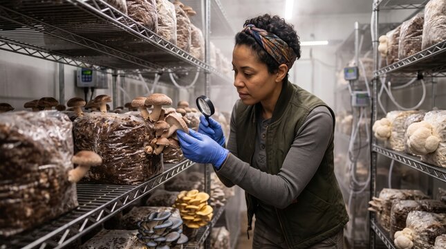 Female mycologist inspecting organic shiitake mushrooms with magnifying glass at indoor farm. Concept of agronomist, production, crop inspection.
