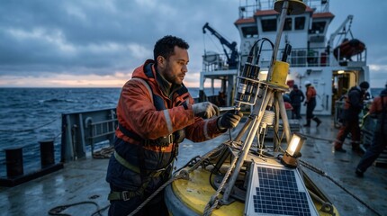 Fototapeta premium Oceanographer fixing scientific equipment on vessel deck at open sea. Concept of technician, maintaining, weather, buoy, research, research vessel, oceanography, marine biology. Copy space.