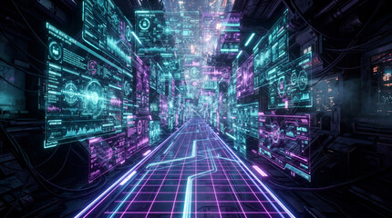 Naklejka premium Futuristic command center corridor featuring interactive holographic data interface screens and neon digital grid floor pathway.
