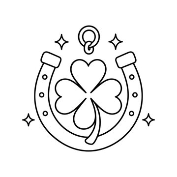 Lucky four leaf clover inside horseshoe charm line art for good fortune.