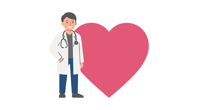 Flat Vector Illustration of a Smiling Male Doctor in a White Lab Coat with a Stethoscope Standing Next to a Large Pink Heart Shape, Symbolizing Cardiology, Healthcare, and Heart Health Awareness