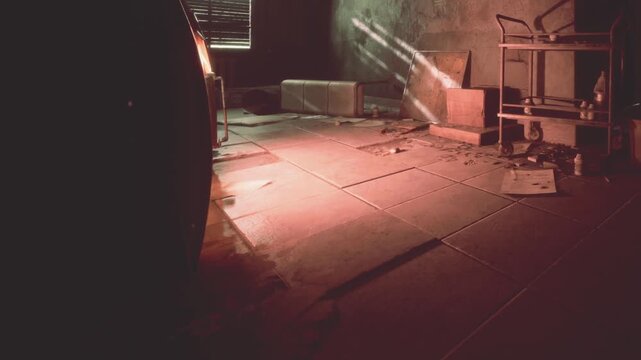 In an abandoned room, light shines through dusty blinds. A few pieces of old furniture lay haphazardly, and debris is scattered on the floor throughout the space.