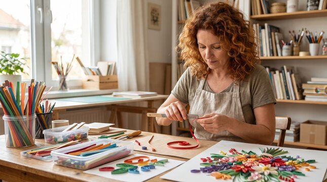 Creative woman crafting paper art using quilling technique in home workshop studio. Concept of making, cozy, handmade.