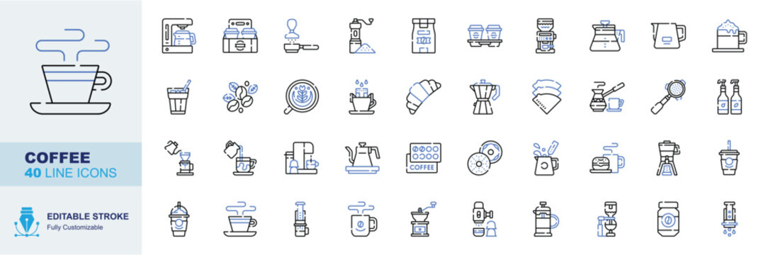 Coffee Editable Stroke Line Icons Set. Coffee Cup, Espresso Machine, Coffee Grinder, French Press and Coffee Beans Vector Illustration