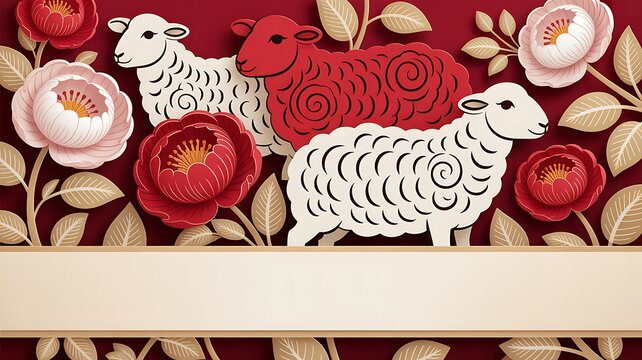 Cute white sheep and flowers on a dark red background