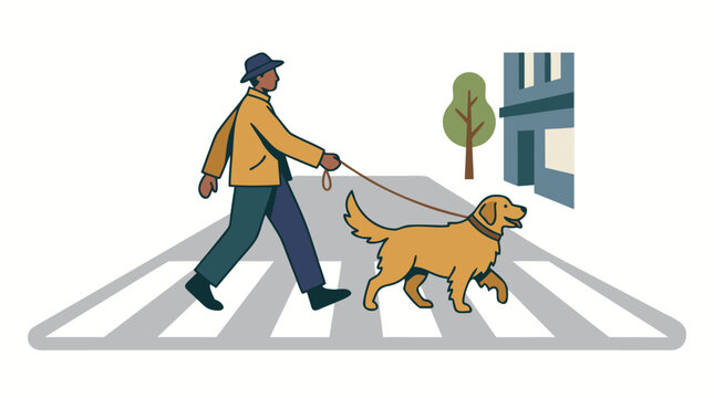 Minimalist flat vector illustration of a man walking a friendly golden retriever dog on a leash across a pedestrian crosswalk in the city. Modern urban scene with bold shapes and clean lines.