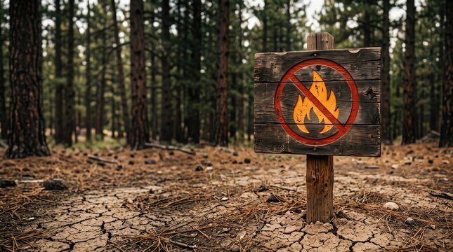 Wooden no fire warning sign standing in a dry pine forest during wildfire season