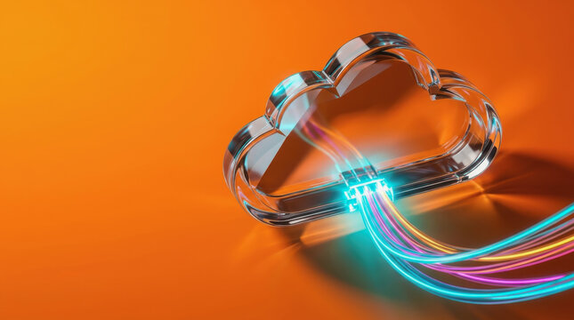 3D render of glass cloud and fiber optic cables representing digital data transmission and cloud computing technology