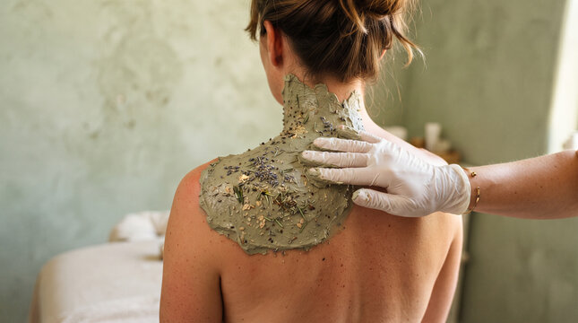 A Serene Spa Ritual Featuring a Gloved Therapist Applying a Botanical Green Clay and Lavender Poultice to a Woman's Upper Back