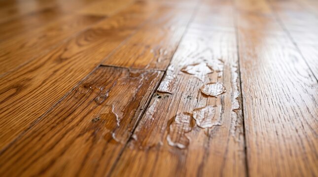 Water pooling across a damaged wooden floor with swollen boards and peeling finish