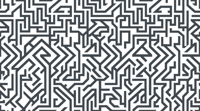Seamless black geometric maze pattern with interlocking angular lines, sharp corners, right angles, and repetitive optical labyrinth shapes on white