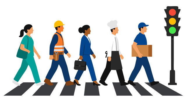 Diverse workers walking across zebra pedestrian crosswalk under green traffic light, bold flat vector illustration of construction engineer, businesswoman, chef, and delivery