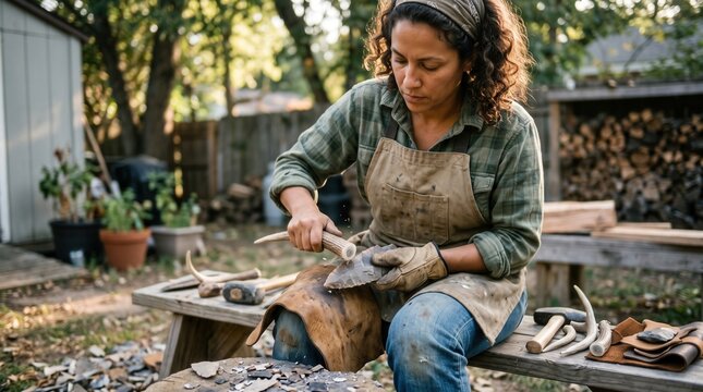 Hispanic Woman Artisan Knapping Flint Stone Tools in Outdoor Workshop. Concept of female, flintknapping, craftswoman, handmade.