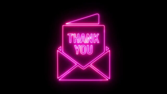 Glowing pink neon envelope with thank you card animation on black background, gratitude letter and appreciation greeting message icon