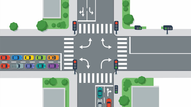 Aerial top-down view of four-way intersection with long row of colorful cars waiting patiently at red traffic light, urban road crossing vector illustration