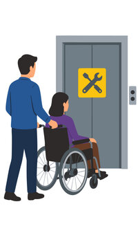 Man pushing woman in wheelchair toward out-of-service elevator with maintenance sign, broken accessibility barrier, disability frustration concept, flat vector illustration