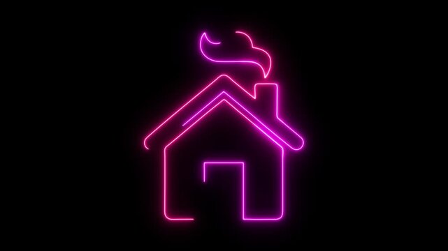 Glowing pink neon house with smoking chimney animation on black background, home sweet home and real estate cozy cabin graphic