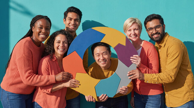 Group of diverse business colleagues holding colorful circular process diagram together