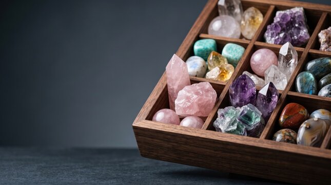 Assorted healing crystals and polished minerals organized in a wooden collector box