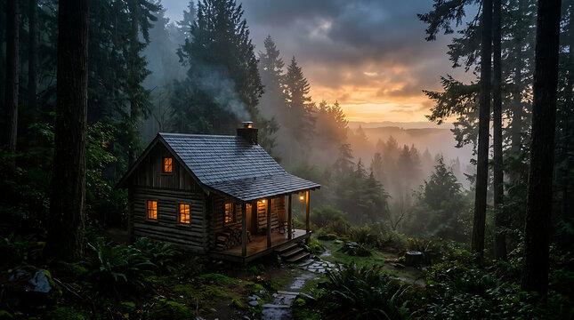Cozy wooden cabin in misty forest at dusk.