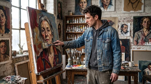 Male artist painting portrait on canvas in creative art studio workshop with easel. Concept of painter.