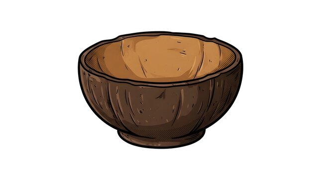 Hand drawn cartoon style illustration of an empty brown coconut shell bowl isolated on a white background
