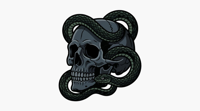 Vector illustration of a dark grey human skull with a green snake coiled around the cranium and jaw, isolated on a white background, gothic aesthetic for tattoo or apparel design.