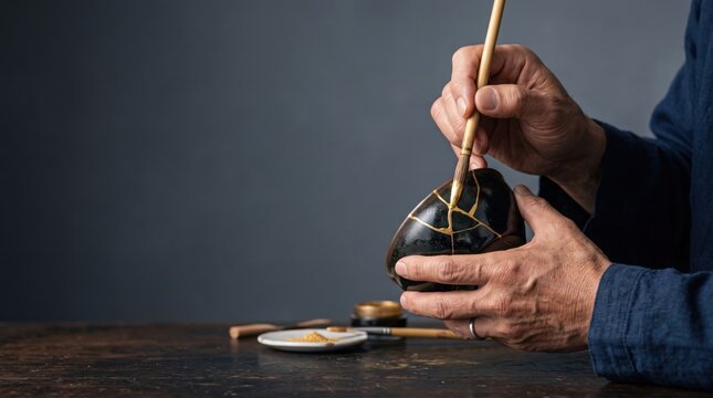 Artisan applying gold lacquer to a repaired black ceramic bowl using the kintsugi technique