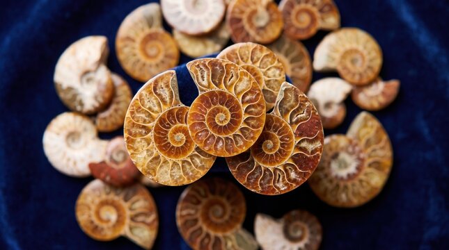 Polished fossil ammonite collection arranged on deep blue velvet in a radial composition