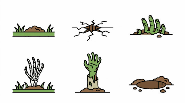 A collection of six hand-drawn cartoon illustrations featuring spooky graveyard elements and zombie hands rising from the ground.