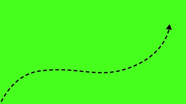 Animated black dashed curved arrow path on green screen animation
