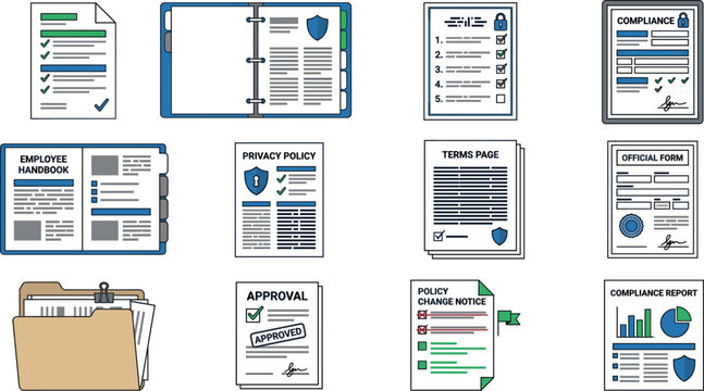 Corporate compliance policy and document layout vector template set with handbook privacy forms and reportscompliance, policy, document, template, corporate, business, regulation, legal, privacy polic