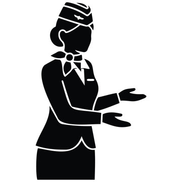 Flight attendant black silhouette vector icon for airline service and welcoming passenger.