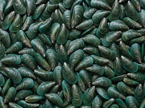 Green mussel shell texture background for seafood and coastal branding, glossy shellfish pattern