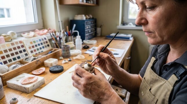 Ocularist painting a prosthetic eye with detailed precision in a professional workshop setup. Concept of prosthetic maker, eye prosthesis, handcrafting.