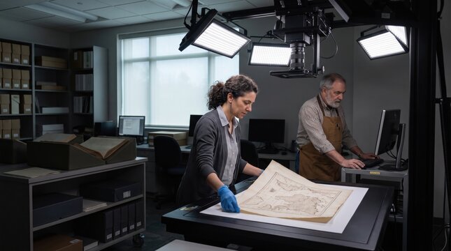 Museum archivists digitizing historical map document with scanner light equipment in archive laboratory. Concept of digitization, document scanning. Copy space.