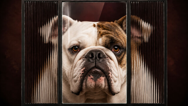 English Bulldog Portrait Behind Three Glass Panels