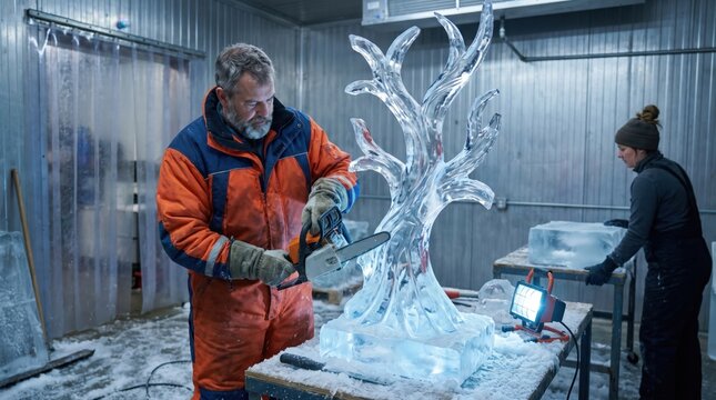 Male sculptor carving intricate ice sculpture with chainsaw in cold workshop studio.