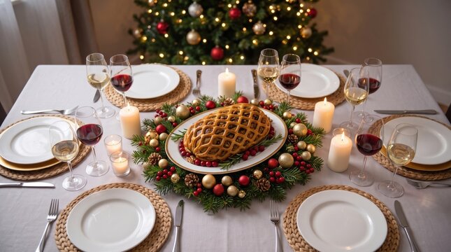 Elegant Christmas dinner table with festive roast, candles, wine and decorated tree