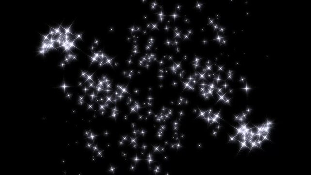 2d glitter star sparkle animation white stars and bokeh lights sparkle magic sparkles glitter line stars pixie dust path, cartoon glitter star trail transition overlay black screen. 4k