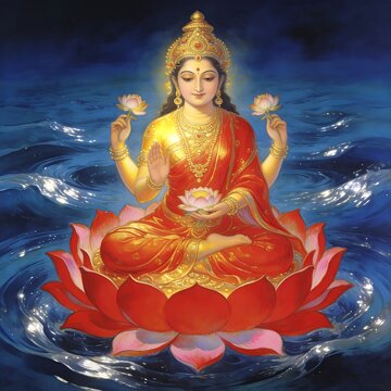 Radiantly glowing Goddess Lakshmi seated on a vibrant red lotus amidst the deep blue waters of Ksheer Sagar.