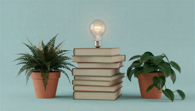 Light bulb on a stack of books with house plants