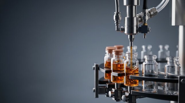Automated precision nozzle dispensing amber liquid into glass vials in a laboratory production line