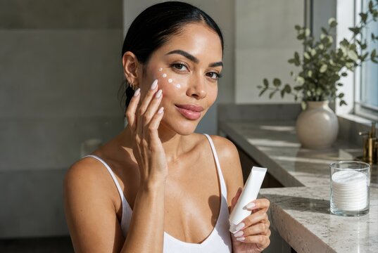 Hydrating Facial Moisturizer Routine With Woman Applying Cream At Home
