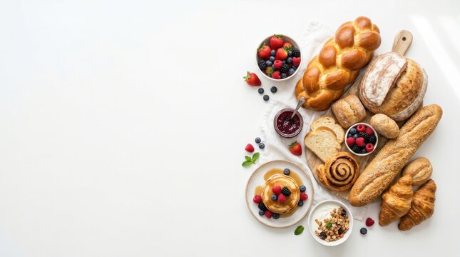 Assortment of artisan breads, pastries and berries arranged along a white background with copy space