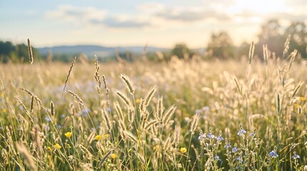 Naklejka premium Meadow field with wild grass and wildflowers during a sunny summer sunset