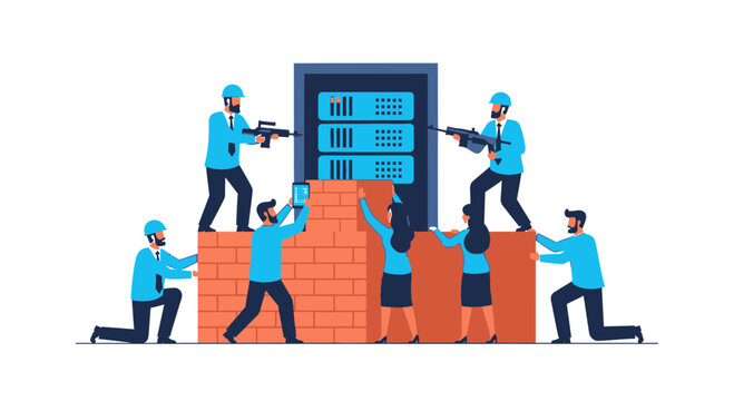 Cybersecurity and Network Data Protection Concept with Professionals Building a Brick Firewall to Secure Server Racks, Flat Vector Illustration